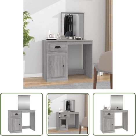 The Living Store Coiffeuse avec miroir sonoma gris 90x50x132,5cm bois ingénierie - Coiffeuse - Meuble De Salle De Bain - Table De Maquillage - Vanity - Armoire Cosmétique (1/5)