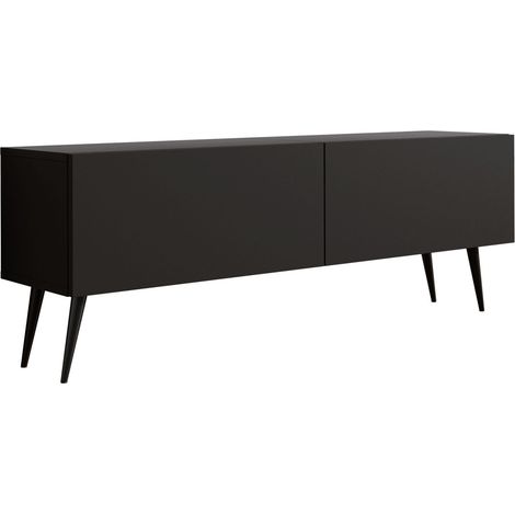 Meuble TV : Noir Mat, pieds noires, 140 x 52 x 32 cm (1/5)