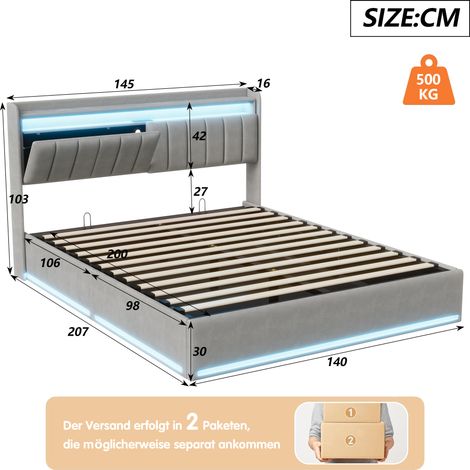Sunfecili – Lit coffre 140x200 cm en velours gris – Tête de lit avec rangement – Bandes lumineuses LED – Capacité 300 kg – Montage en 45 min