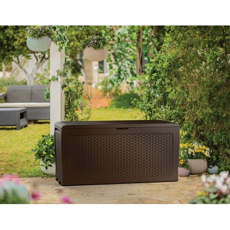 Dmora - Aufbewahrungstruhe für draußen Torio, Gartenbox, Outdoor-Truhe, Stauraumbank für außen, 116x45 h57 cm, Braun (1/3)