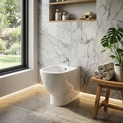 Bidet filomuro in ceramica bianco alpino 36,5x52 cm – One RAK Ceramics