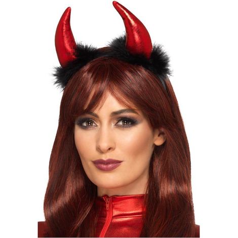 Metallic Devil Horn Headband - Red & Black - with Marabou Feathers - 49107
