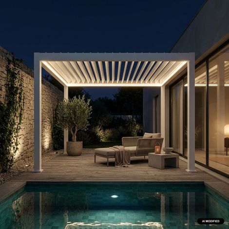sweeek - Pergola Bioclimatique électrique 3x3m blanc. aluminium. à lames orientables avec éclairage LED (1/5)
