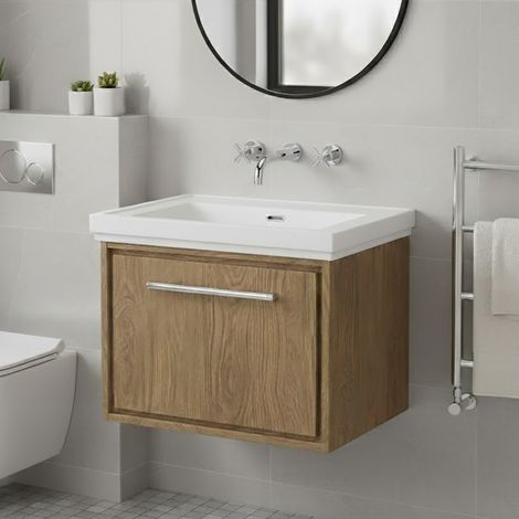 Hudson Reed Lille Wall Hung 1-Drawer Vanity Unit with 0TH Classique Basin 600mm Wide - Antique Oak (1/5)