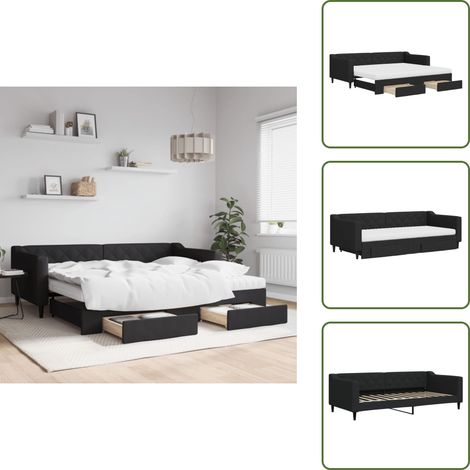 The Living Store Lit de jour avec gigogne et tiroirs noir 90x200 cm tissu - Canapé Convertible - Lit Gigogne - Meuble Multifonctionnel - Lit D'appoint - Rangements Intégrés (1/5)