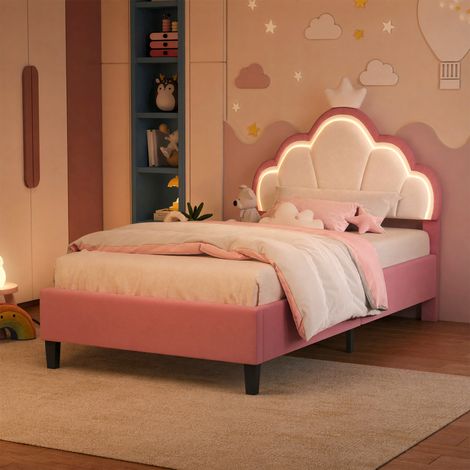 Lit rembourré 90x190 cm avec LED RGB et sommier à Lattes,Rose Tête de lit réglable et capitonnée,Velours doux,design couronne style princesse, pour enfants et adolescents,sans matelas (1/5)
