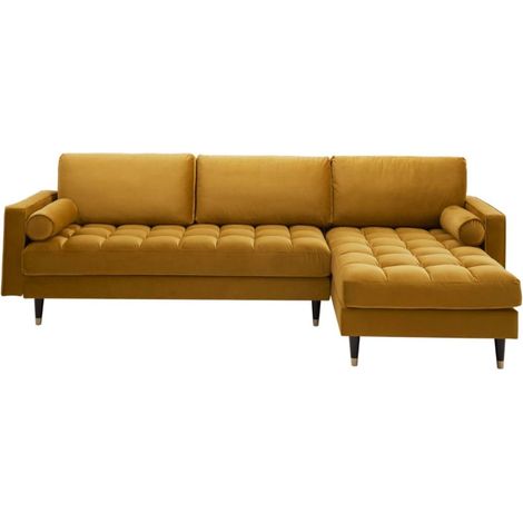 Ecksofa KOLIRI senfgelb – 4 Plätze – Rechter Winkel – Designersofa aus Samt und Massivholz