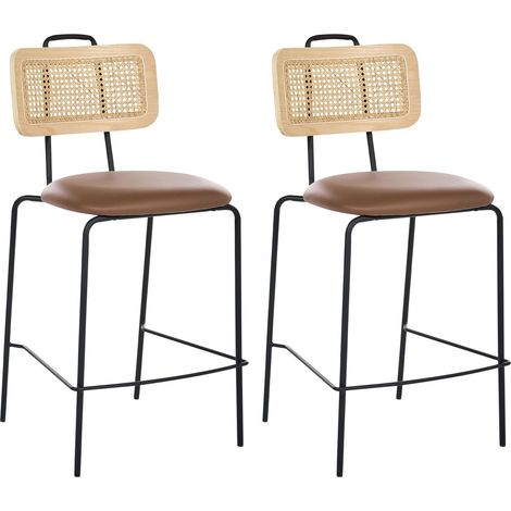 Set of 2 Bar Chairs Brown Faux Leather Seat PE Rattan Back Iron Legs Armless Protective Caps Modern Boho Design ADELANTO