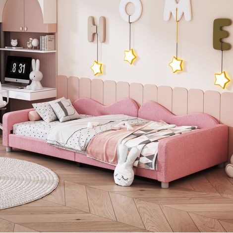 Lit enfant convertible 90 x 200 cm en tissu teddy rose, avec dossier, accoudoirs et sommier à 12 lattes, structure bois et métal – de FLORAGRACE pour chambre (1/5)
