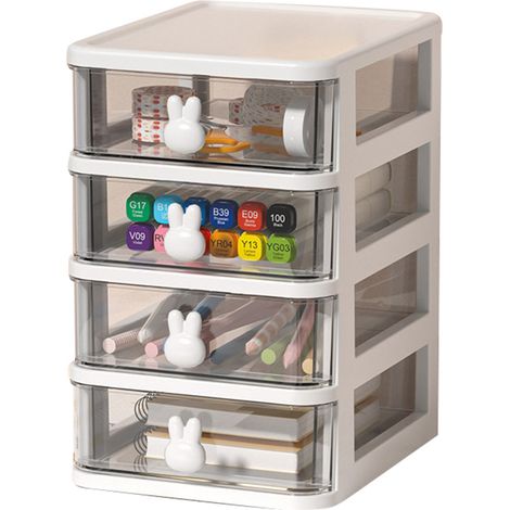Boîte de rangement bureau transparente plastique grande capacité 4 tiroirs poignée lapin blanc, organiseur pour livres stylos, 13.4x17x21cm (1/5)