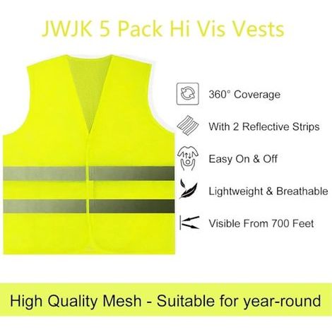 Lot de 5 gilets haute visibilité, gilets de sécurité, gilets réfléchissants taille standard, veste haute visibilité unisexe pour travaux routiers, course à pied, topographie (1/4)