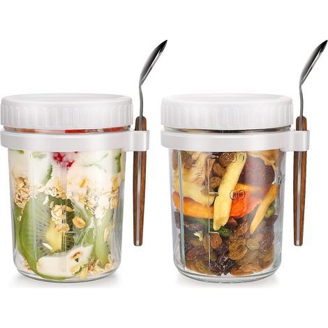 Oatmeal jars for overnight oats, oatmeal container with lid and spoon, cereal storage container (white 2) (1/5)