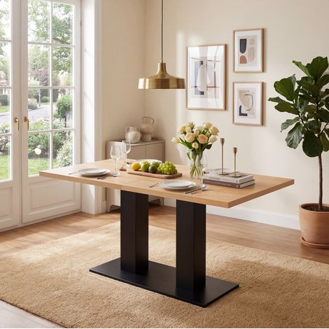 Mesa de comedor extensible, 140x70x75 cm, para 4 a 8 personas, tablero de 30 mm, patas dobles, MDF, Natural (1/5)