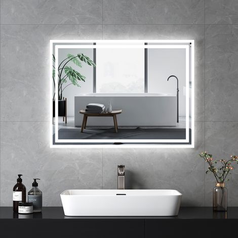 EMKE Miroir salle de bains avec Interrupteur à bouton, Anti-buée, Lumière Blanche Froide/Chaude 80x60 cm