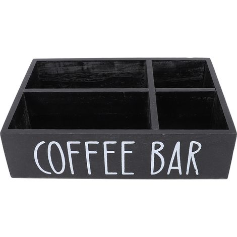 Organisateur station café avec séparateur bois – Boîte rangement accessoires bar sachets thé dosettes comptoir cuisine noir (1/5)