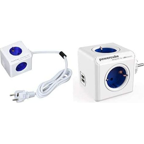 PowerCube 1402BL/DEEUPC Striscia di alimentazione estesa a 4, cavo da 1,5 metri, 2 USB e kit di supporto da tavolo, blu, 250 V + Allocacoc originale USB