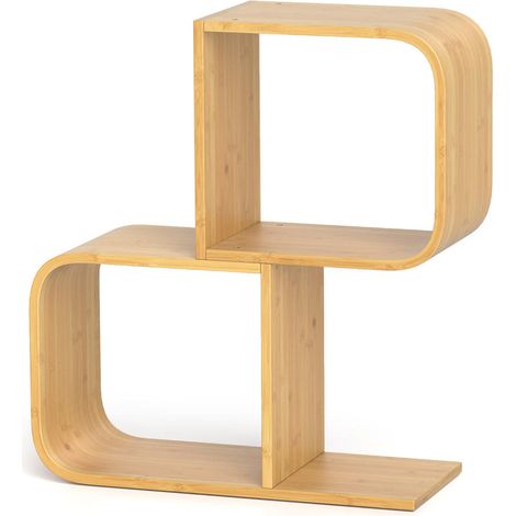 Bibliothèque en bambou 2 niveaux, étagère en S avec 2 cubes ouverts, gain de place pour salon ou bureau (1/5)