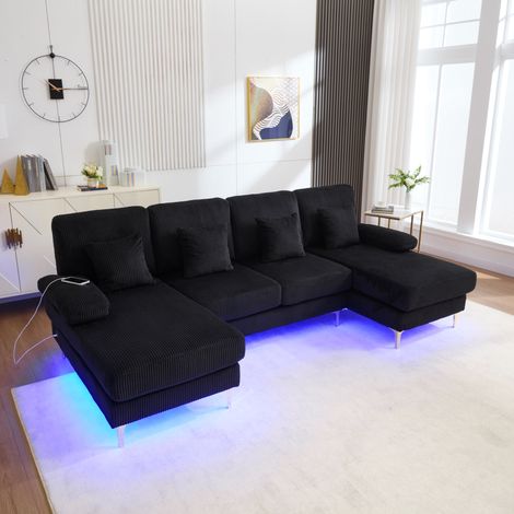 canapé salon U LED USB grand 265x135x88 cm velours noir OKMYHOME (1/5)
