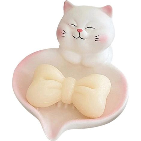 Porte-savon chat mignon (1 pièce) - Organisateur de salle de bain à poser avec système d'évacuation, base antidérapante, décor rose pastel et blanc - Porte-savon (1/5)