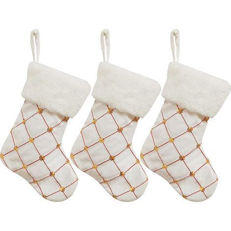 Lot de 3 bas de Noël à paillettes, bas de cheminée à carreaux de 22,9 cm avec paillettes dorées, manchette en peluche blanche, ornements de bas de sapin de Noël suspendus pour décoration de fête de va (1/5)