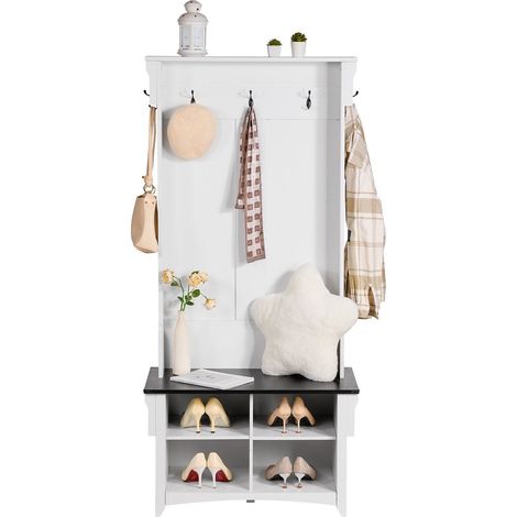 Porte-manteau, porte-manteau en bois avec banc et rangement à chaussures, porte-manteau blanc avec porte-manteau, étagères réglables et 5 crochets, meuble d'entrée avec 4 tiroirs de rangement, pour en (1/5)