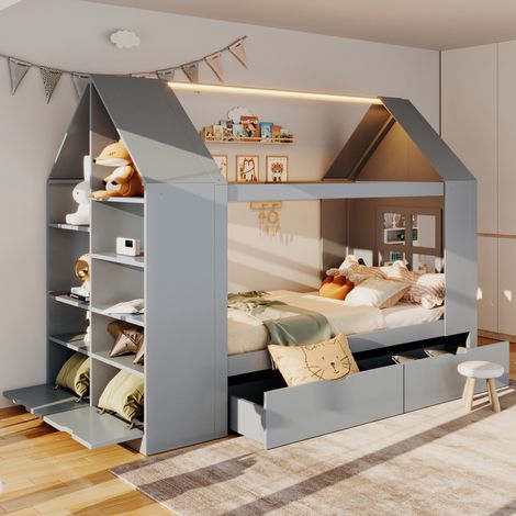 Letto a casetta 90x200 cm in legno e MDF grigio con contenitore, senza materasso – MEUBLIV (1/5)