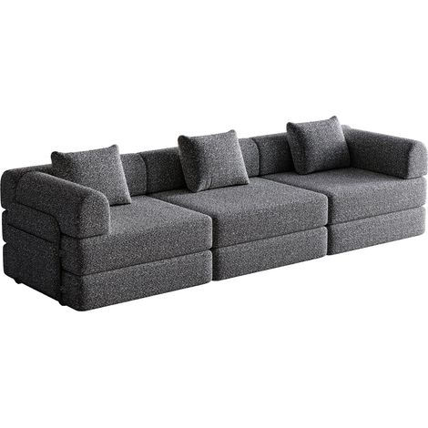 Divano letto 2 in 1 in ciniglia grigio con vano nel bracciolo componibile MODENUIT (1/5)