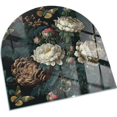 Plaque Carrée décorative de protection avec impression graphique en verre trempé sous cheminée Motif floral avec papillons 100x100 cm (1/5)