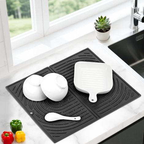 Tapis Égouttoir Vaisselle Silicone, Tapis Vaisselle Absorbant pour Cuisine, Tapis de Séchage Pliable, Tapis Evier Antidérapant, Séchage Rapide, Résistant à la Chaleur, 43×34 cm (Noir) (1/5)