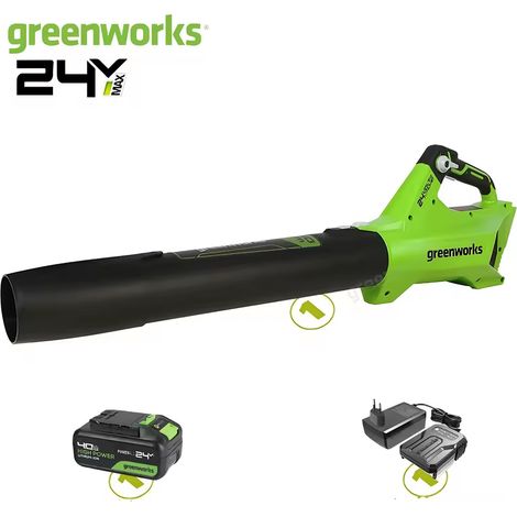 Greenworks Bladblazer 24VSouffleur à feuilles Greenworks 24V - 450 CFM - 110 km/h - Souffle, aspiration et broyage - Batterie 4.0Ah