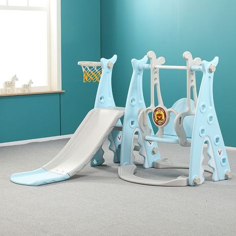 3-in-1-Rutschen- und Schaukelset für Kinder mit Basketballständer, Gartenrutsche, großer Spielplatz für drinnen und draußen, Blau