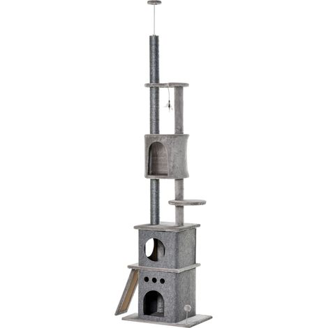 Arbre à chat Tour réglable 225-255 cm 6 niveaux 3 grottes Griffoir jouet chat gris clair