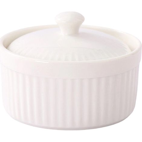 Elegante ciotola in ceramica con coperchio, bianca, ideale per cucinare.