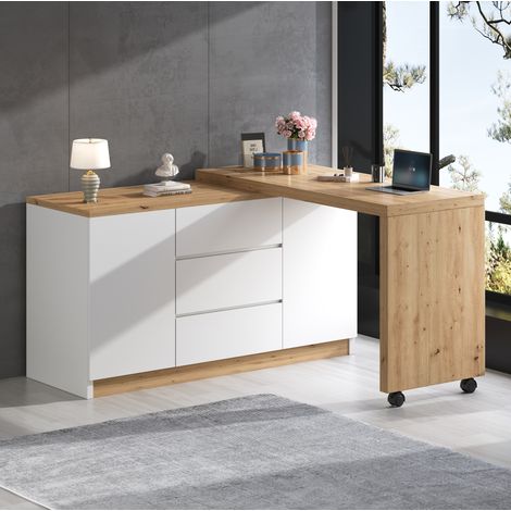 Bureau pivotant 120x50x76,5 cm en bois blanc/chêne, avec rangement, pour bureau FloraGrace (1/5)