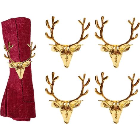 Lot de 4 ronds de serviette en forme de tête de cerf doré (1/5)