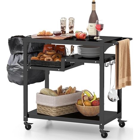Goplus – Desserte de jardin chariot de barbecue avec 4 roues verrouillables – Métal noir – 111x50,5x93 cm – 4 crochets amovibles et étagères