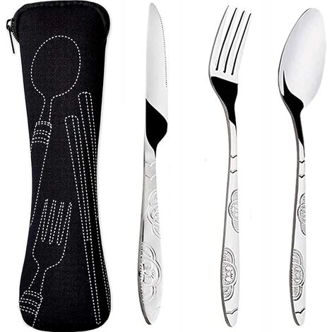 Lot de 3 Couverts, Acier Inoxydable, Fourchette,Cuillère,Couteau, Sac Néoprène, Camping,Voyage,Pique-nique (1/5)
