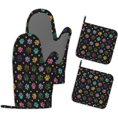 Ensemble de 4 Gants et Maniques de Cuisine Patte de Chien Gants de Cuisine en Silicone Résistants à la Chaleur pour la Cuisson au Four Le Barbecue Cadeaux pour Les Passionnés de Pâtisserie (1/5)