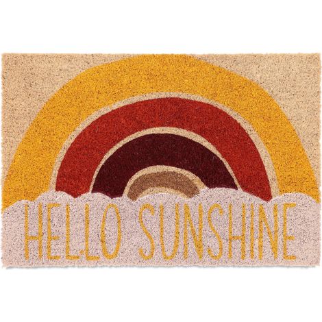 Relaxdays Felpudo Coco, Alfombrilla Puerta Entrada, Mensaje Hello Sunshine, 40 x 60 cm, Base Antideslizante, Multicolor