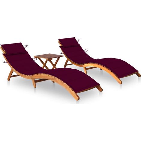 Chaises longues 2 pcs avec table et coussins Acacia solide 21 (1/5)
