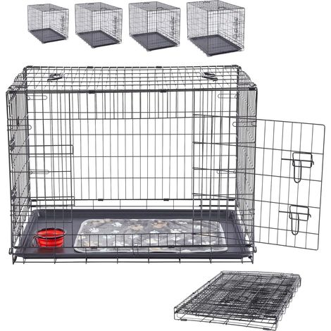 Arebos – Cage pour chien pliable 92,5 x 60 x 66 cm – 2 portes avec double verrouillage – Bac amovible pour nettoyage facile – Transport confortable avec roulettes