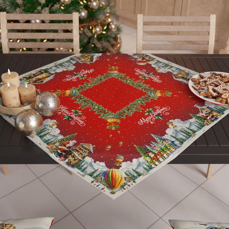 Centre de Table de Noël 90x90 cm, Tissu en Microfibre Doux et Résistant, Décoration Élégante pour Fêtes, Motif 'Santa Village', 100% Fabriqué en Italie (1/3)