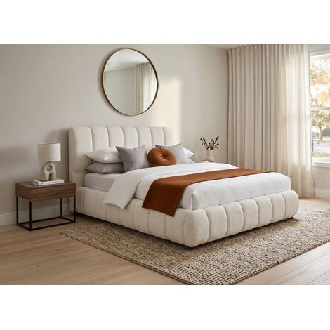 Lit double en tissu bouclette beige 140x190 cm RILEY (1/5)