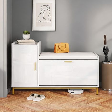 Banc de rangement pour chaussures avec coussin et étagères blanc (1/5)
