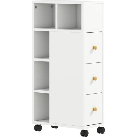 Meuble de salle de bain étroit, meuble à roulettes, 3 tiroirs, 5 compartiments ouverts, 20 x 40 x 80 cm, blanc (1/5)