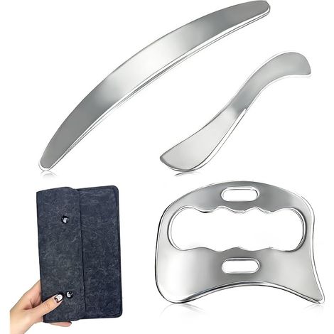 Gua Sha en Acier Inoxydable, 3 En 1 Outils de Gua Sha Avec Sac De Rangement Détendez vos Muscles Pour Cou Visage Bras Dos Jambes (1/5)