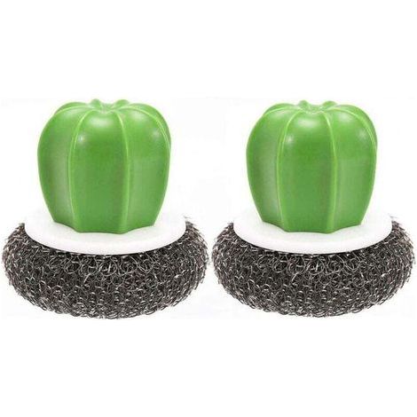 Set di 2 spazzole da cucina creative a forma di cactus: spazzola per piatti con spugna a sfera in filo metallico, realizzata in acciaio inox con manico in plastica nera. (1/3)