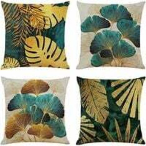 BUNTHAUS Lot de 4 Housses de Coussin 4545 cm Carrées en Feuilles Vertes et Dorées Housse Coussins de Canapé en Lin pour Taies d'oreiller de Canapé Salon (1/5)