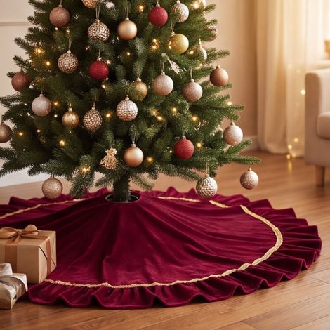 Luxuriöser Samt-Weihnachtsbaumrock mit gewellter Spitzenborte zur Dekoration des Baumfußes in der Weihnachtszeit. Ideal für festliche Dekoration im Innenbereich (90 cm). (1/5)