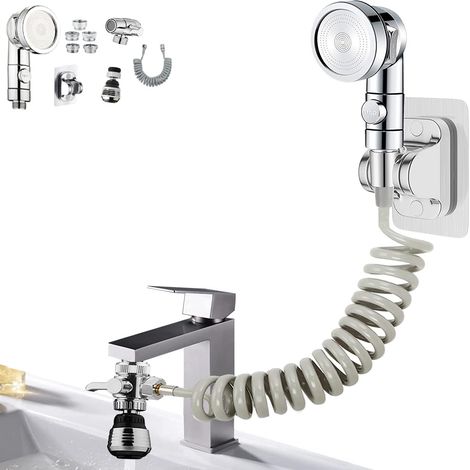 Douchette pour lavabo, douchette pour robinet de baignoire, pommeau de douche marche/arrêt avec 5 adaptateurs, flexible d'extension pour douchette de lavabo. (1/5)